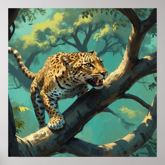 Póster Leopardo único en rama de árbol en la pintura salv (Frente)