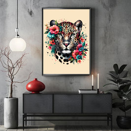 Póster Leopardo y flores en asombroso Poster acuarela