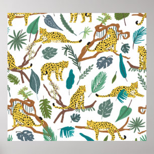 Póster Leopardos en la jungla, patrón dibujado a mano.