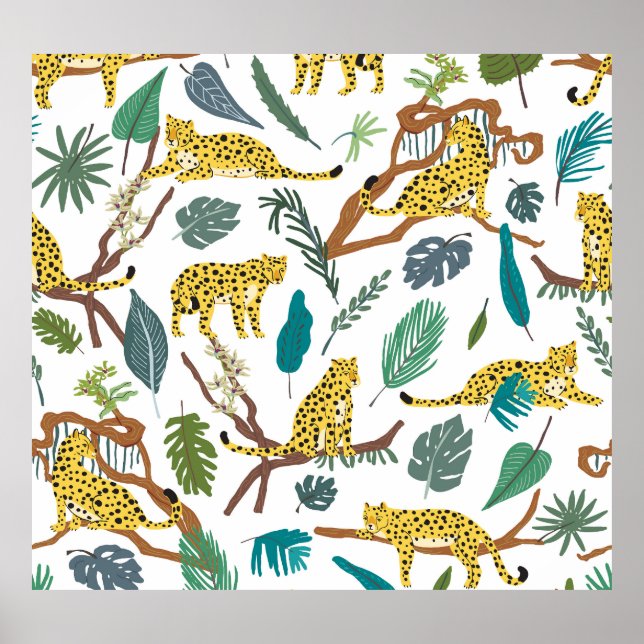 Póster Leopardos en la jungla, patrón dibujado a mano. (Frente)