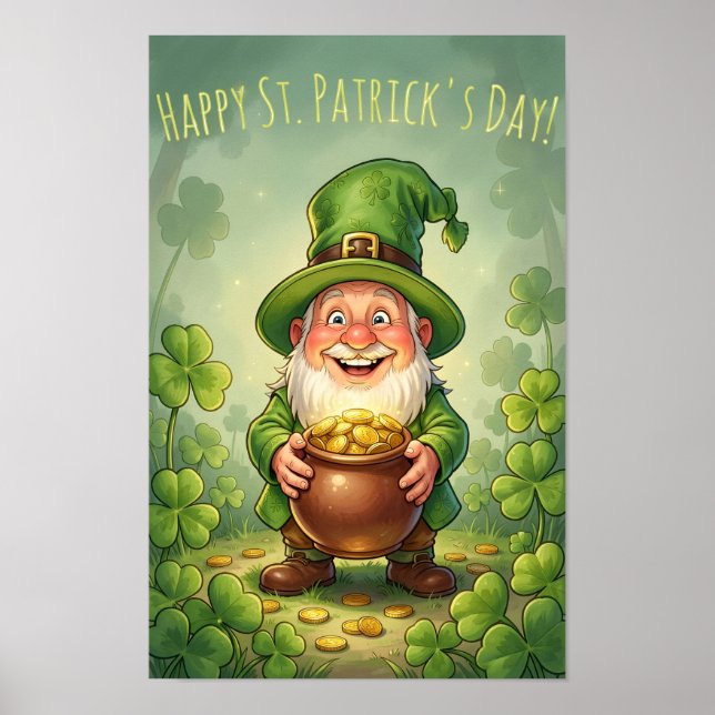 Póster Leprechaun Gnome Happy St. Patrick's Day Shamrock (Frente)