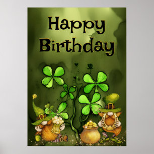 Póster Leprechaun Gnomes y Clovers irlandeses Feliz cumpl