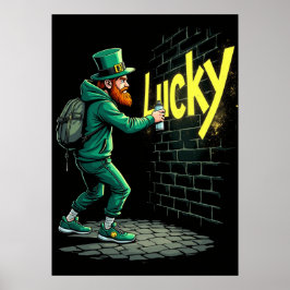 Póster Leprechaun injertando una pared con la palabra "Lu