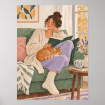 Lesende Frau mit Katze im Herbst – Poster