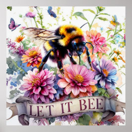 Póster Let It Bee – Aquarela Abejorro Primavera Floral