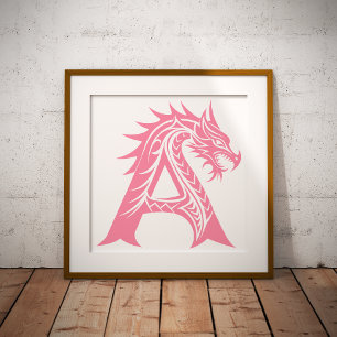 Póster Letra A de estilo dragón, alfabeto de dragón, mono