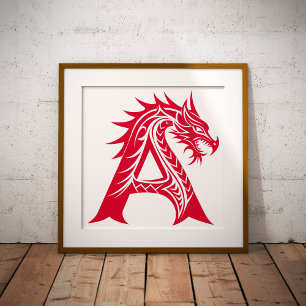 Póster Letra A de estilo dragón, alfabeto de dragón, mono