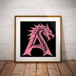 Póster Letra A de estilo dragón, alfabeto de dragón, mono