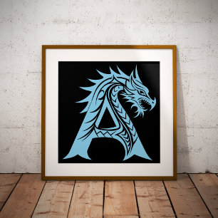 Póster Letra A de estilo dragón, alfabeto de dragón, mono