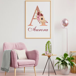 Póster Letra A Rosa floral Monograma de oro Nursera