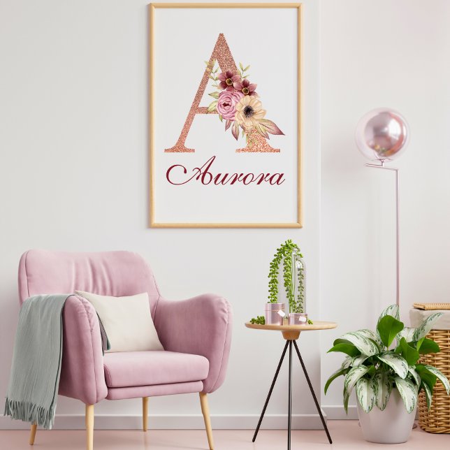 Póster Letra A Rosa floral Monograma de oro Nursera (Subido por el creador)