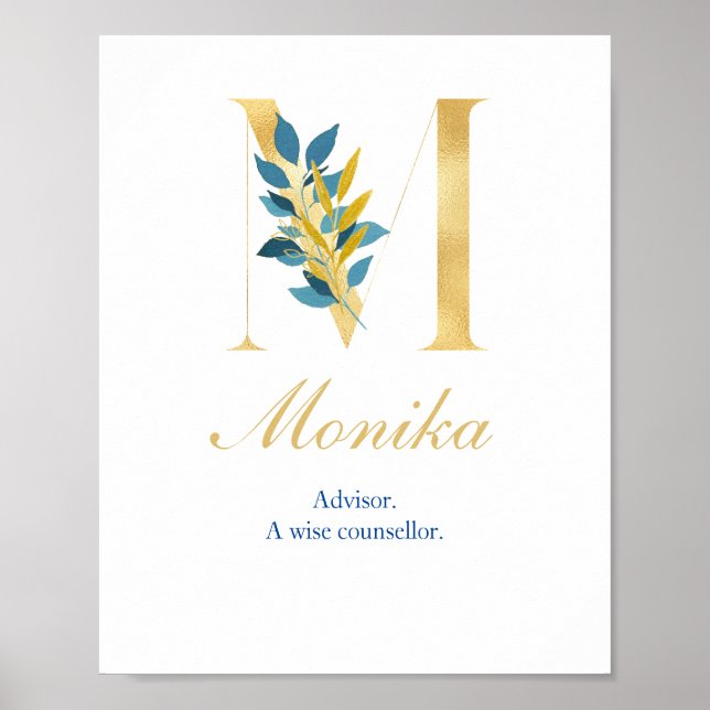 Póster Letra alfabética M Nombre y significado del poster (Frente)