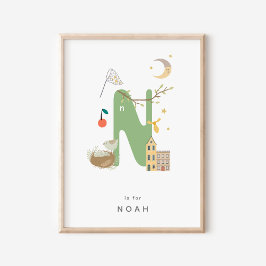 Póster Letra alfabética personalizada de guardería cuta N