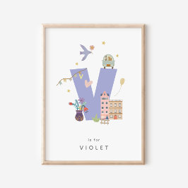 Póster Letra alfabética personalizada de guardería cuta V