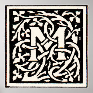 Póster Letra Art Nouveau Monograma M Antiguo