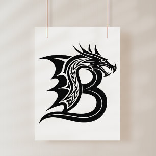 Póster Letra B de estilo dragón, alfabeto de dragón, mono