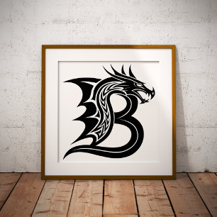 Póster Letra B de estilo dragón, alfabeto de dragón, mono