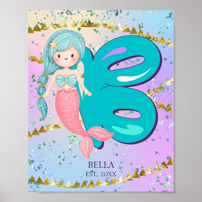 Póster Letra B Monograma Acuarela Cuta Cristales De Siren (Frente)