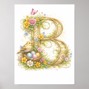 Póster Letra B Monograma Infantil Primavera Naturaleza Or