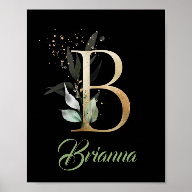 Póster Letra B monograma verde eucalipto oro negro (Frente)