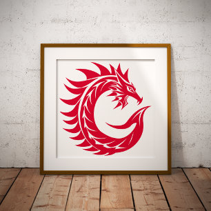 Póster Letra C de estilo dragón, alfabeto de dragón, mono