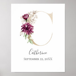 Póster Letra C dorada floral rosa blanca para cuarto de b