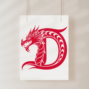 Póster Letra D de estilo dragón, alfabeto de dragón, mono