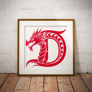 Póster Letra D de estilo dragón, alfabeto de dragón, mono
