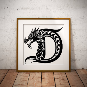 Póster Letra D de estilo dragón, alfabeto de dragón, mono