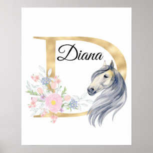 Póster Letra D personalizada nombre monograma con caballo