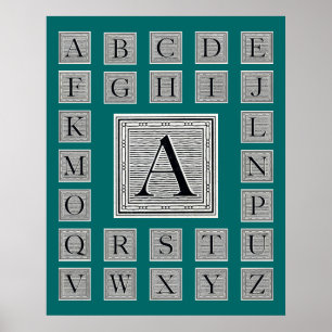 Póster Letra de bloque "A" Woodcut Woodblock Inicial