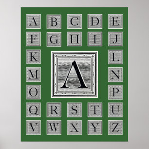 Póster Letra de bloque "A" Woodcut Woodblock Inicial