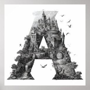 Póster Letra de fantasía A con castillos en el cielo Libr