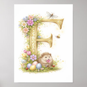 Póster Letra de guardería F Erizo bebé inicial dorado flo