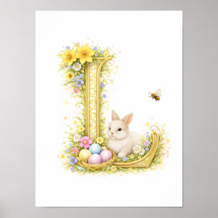 Póster Letra de Guardería L Conejo Bebé Inicial Floral Do