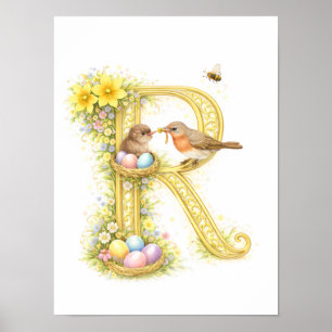 Póster Letra de Guardería R Robinito Bebé Inicial Floral 