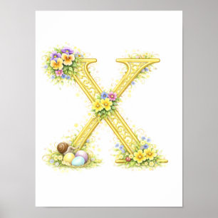 Póster Letra de guardería X Caracol bebé inicial dorado f
