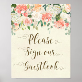 Póster letra de libro de invitados de boda floral de melo