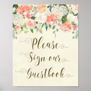 Póster letra de libro de invitados de boda floral de melo