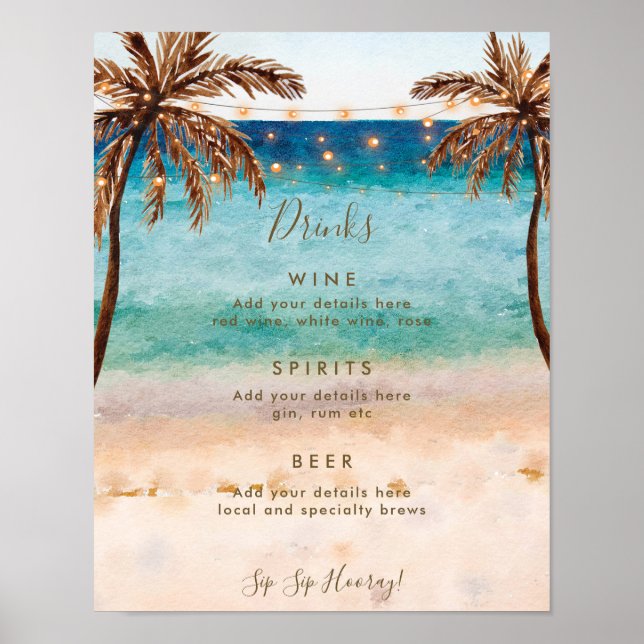 Póster letra de menú de bar de boda en playa tropical (Frente)