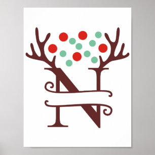 Póster Letra de reno personalizada N Monograma dividido