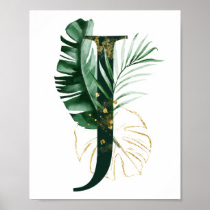 Póster Letra decorativa J con hojas tropicales Poster