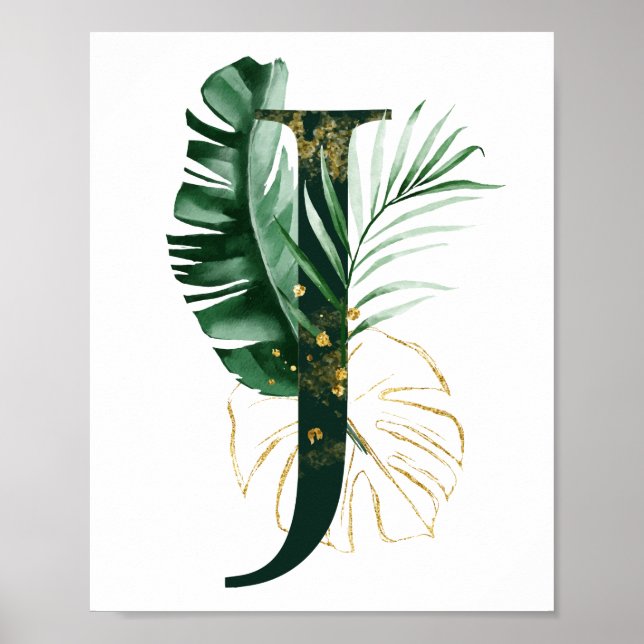 Póster Letra decorativa J con hojas tropicales Poster (Frente)