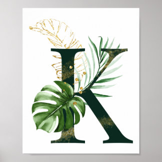 Póster Letra decorativa K con hojas tropicales Poster