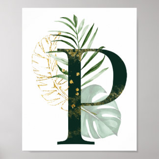 Póster Letra decorativa P con hojas tropicales