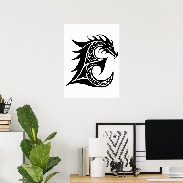 Póster Letra E de estilo dragón, alfabeto de dragón, mono (Oficina en casa)