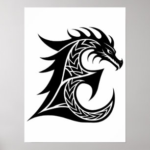 Póster Letra E de estilo dragón, alfabeto de dragón, mono