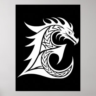 Póster Letra E de estilo dragón, alfabeto de dragón, mono