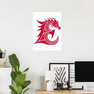 Póster Letra E de estilo dragón, alfabeto de dragón, mono