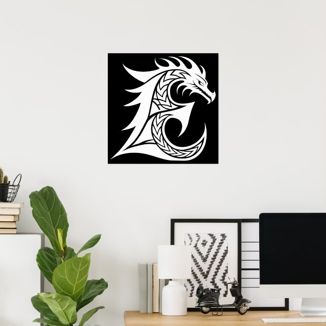 Póster Letra E de estilo dragón, alfabeto de dragón, mono (Oficina en casa)